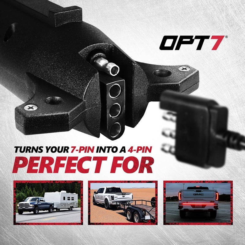 OPT7 7 to 4 Pin Trailer Adapter w/Tester, 7 Way Blade to 4 Way Flat Trailer Connector w/Secure Tab for Pickup Truck Tow Hitch, 3.75" Long x 1.75" Diameter - Image 4